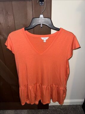 Time and Tru Bright Orange V-Neck Peplum Top